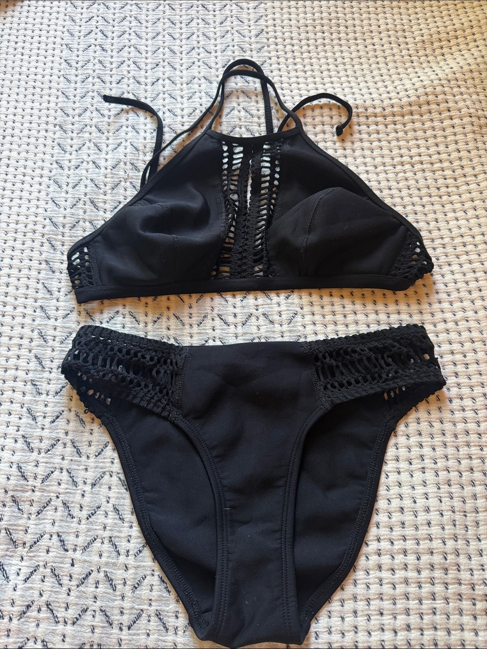 Robin Piccone Black Crochet-Trim High Neck Bikini Set - Women Swim
